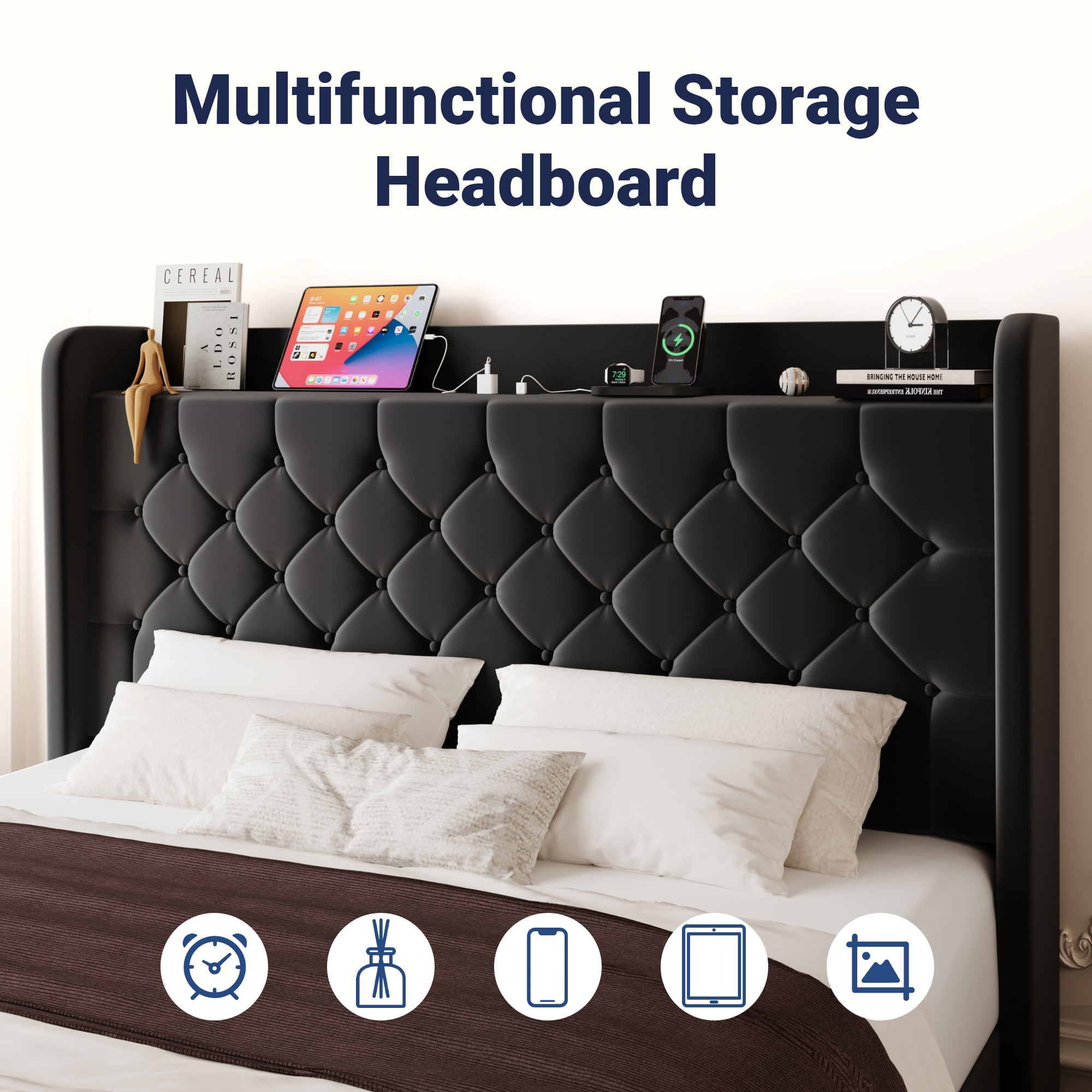 Allewie Full Size Bed Frame, Storage Headboard with Charging Station, Wingback Velvet Upholstered, Diamond Stitched Button Tufted, Sturdy Wooden Slats, No Box Spring Needed, Easy Assembly, Black