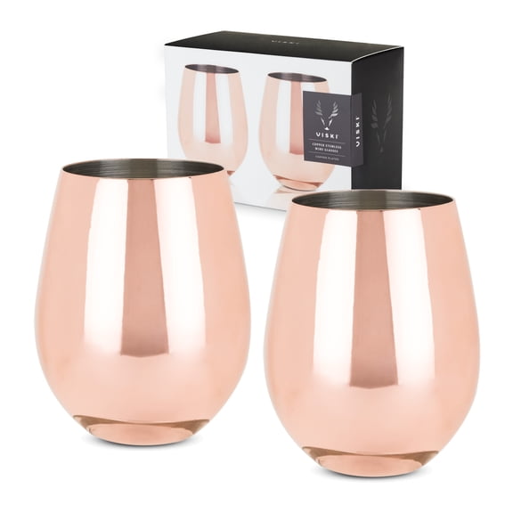 Viski Copper Stemless Wine Glasses for Party, Home Bar Gifts, 18oz Set of 2
