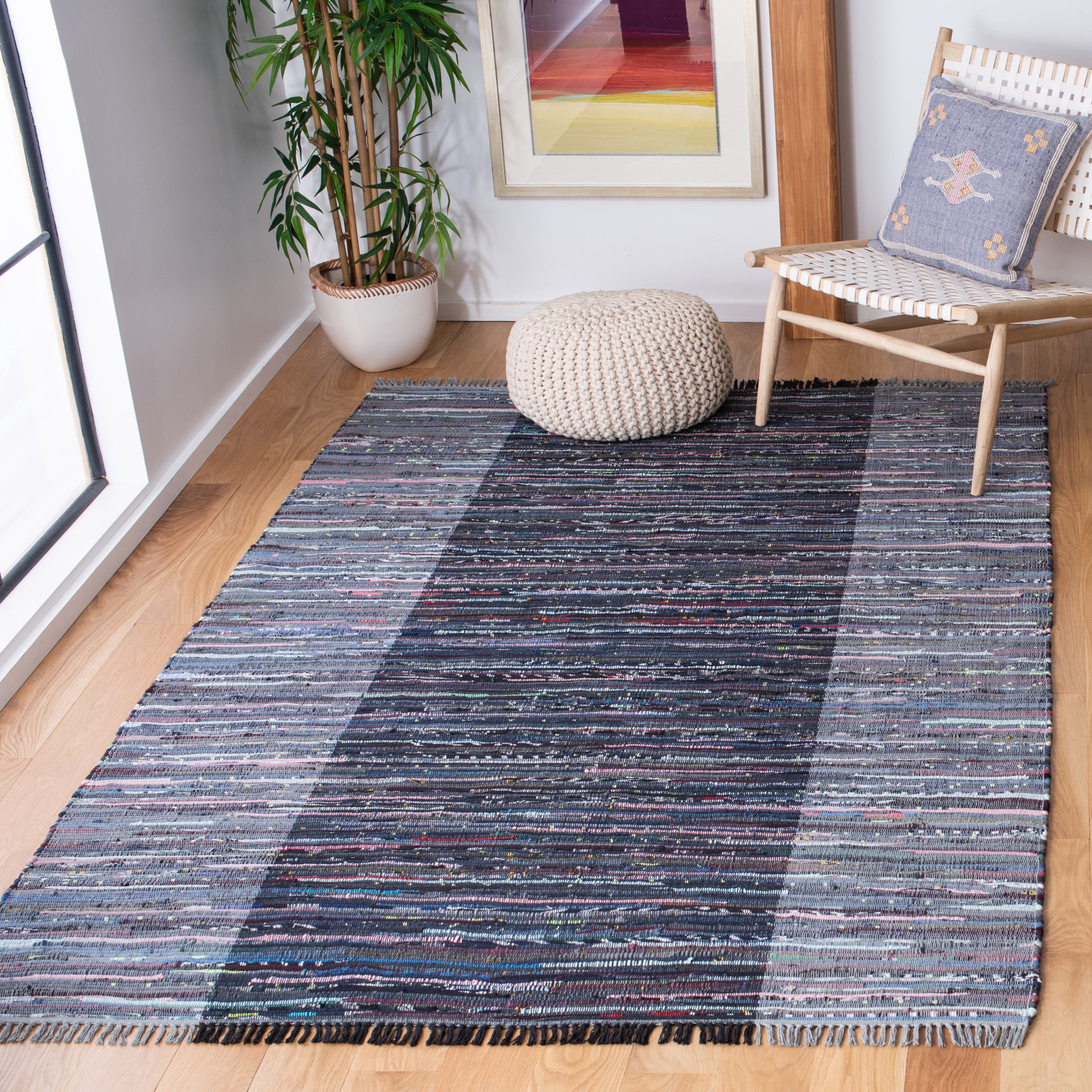 SAFAVIEH Rag Romeo Striped Fringe Cotton Area Rug, Grey/Black, 4' x 6'