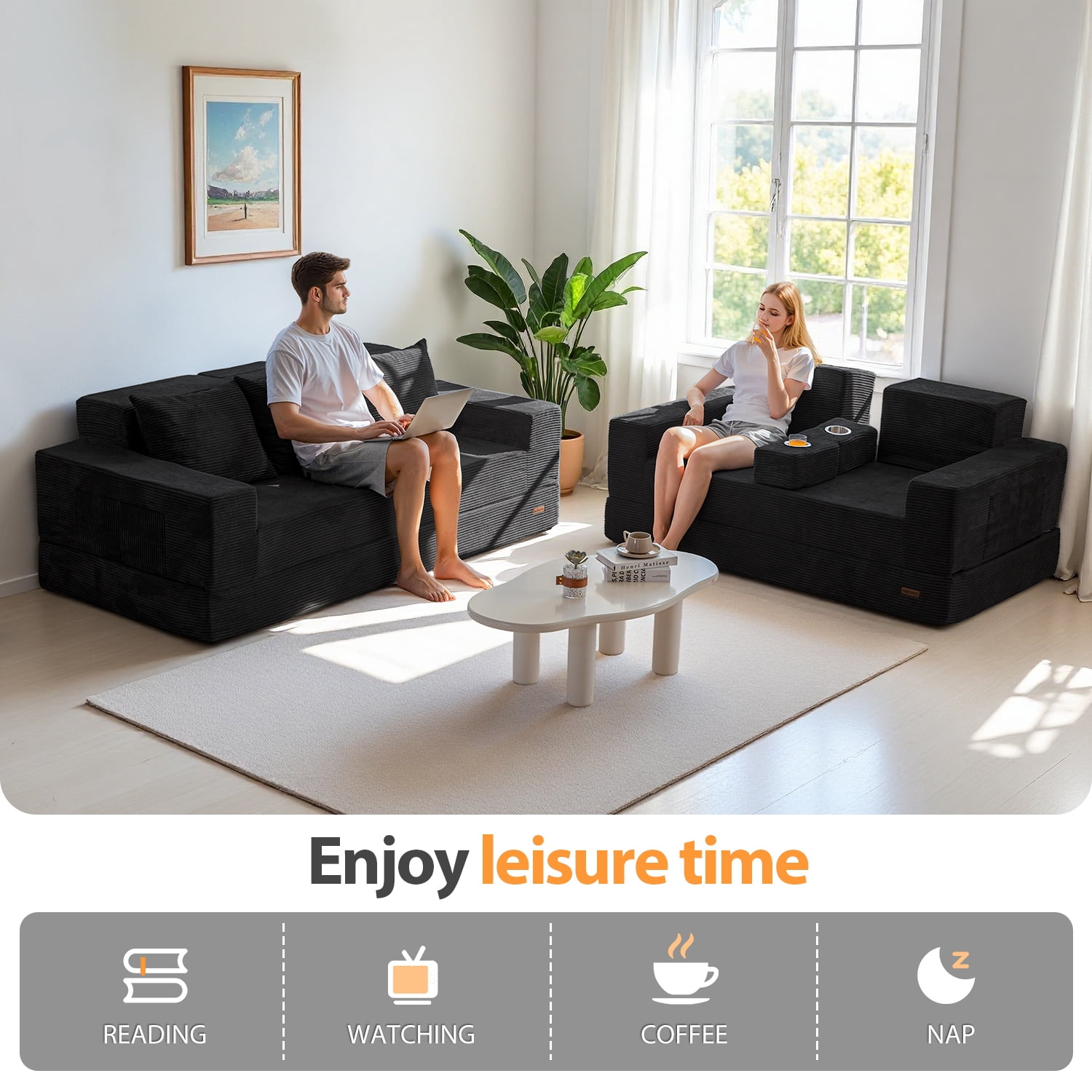BYBYME Convertible Sofa Bed,Folding Lounger 4-in-1 Boneless Sofa with 2 Pillows and Cup Holder,Floor Sofa for Small Spaces Such as Living Rooms,No Assembly Required,Loveseat,Black