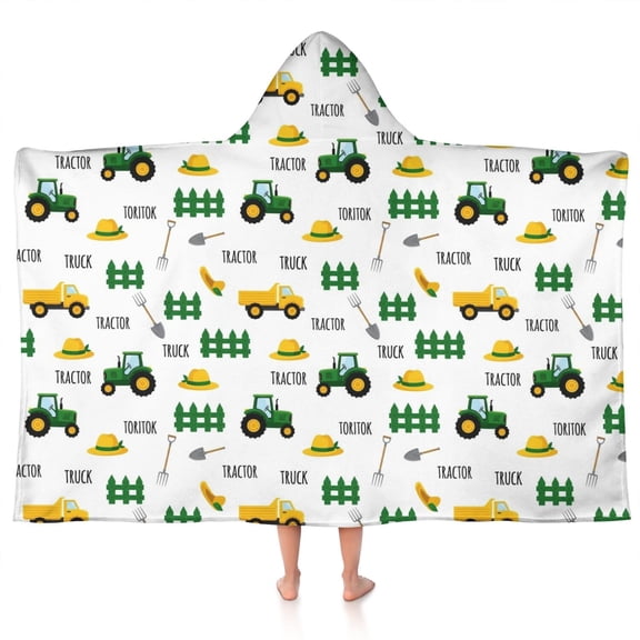 Cartoon Tractors Hats White Pattern Hooded Bath Towel，50"x30" for Ages 3 To 12 Kids, Quick Dry Lightweight Soft Microfiber Hood Beach Towel Cover Up for Kids