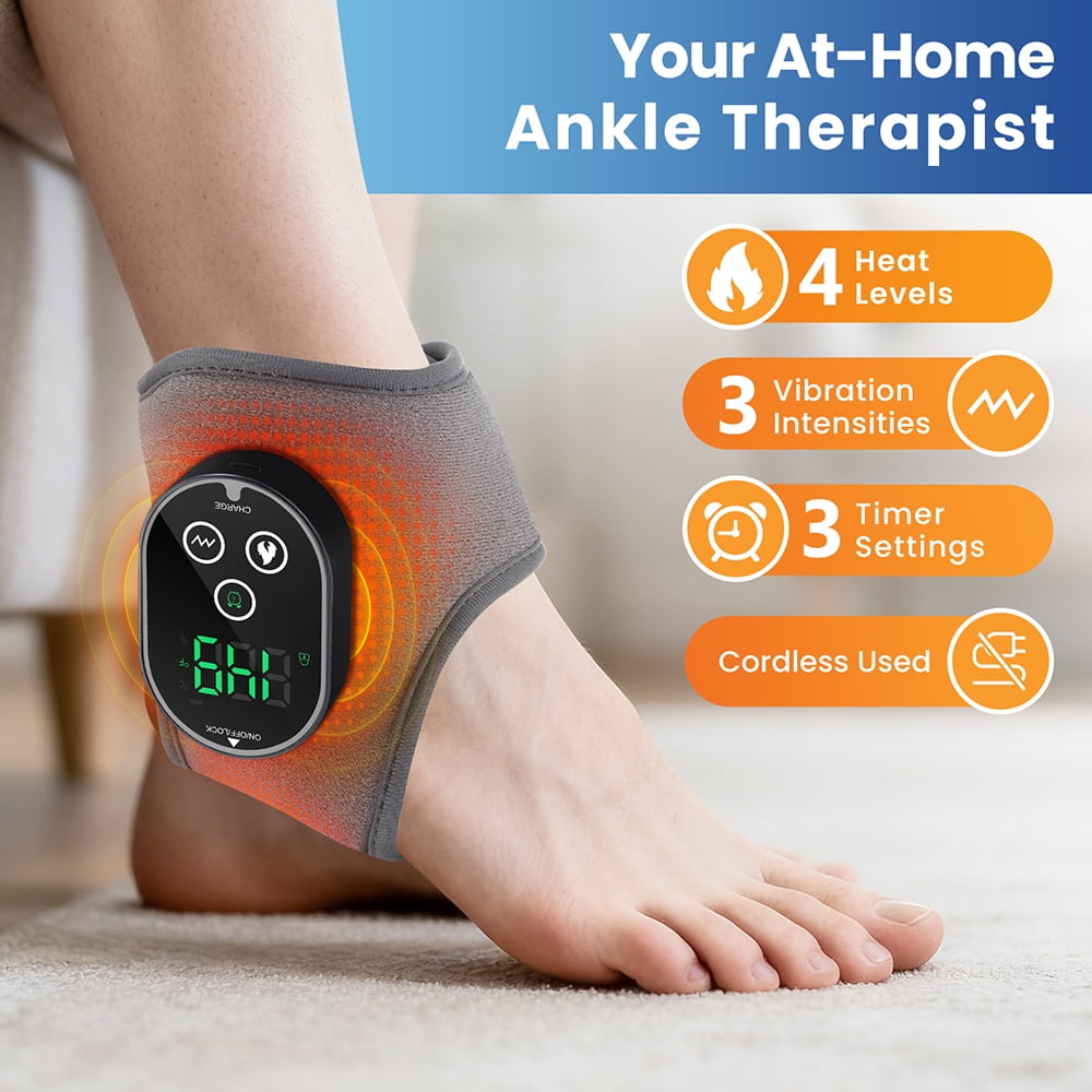 Cordless Ankle Massager with Heat and Vibration, Rechargeable Electric Foot Massager, Heated Ankle Wrap Warmer with Adjustable Temperature, Portable Foot and Ankle Massager Brace, Grey