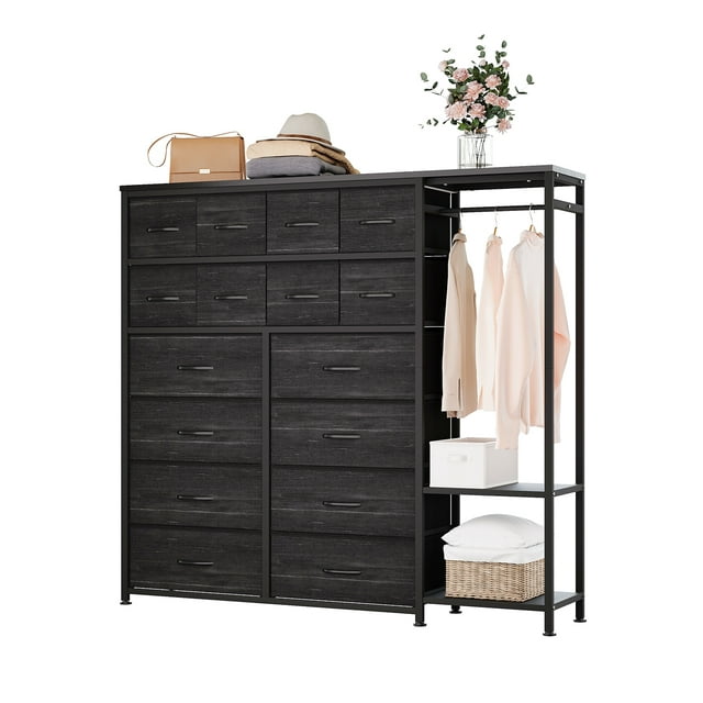 QinaQin 16-Drawer Wardrobe with Clothes Rack, Bedroom Tall Cabinet, Fabric Storage Tower Drawer Organizer