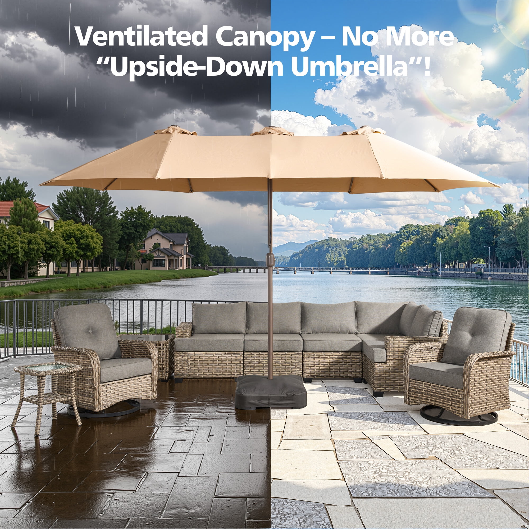 Toject 15ft Large Patio Umbrellas, Double-Sided Outdoor Market Rectangle Umbrellas, Extra Pool Umbrellas for Deck, Backyard, Outside (Tan, Base Included)