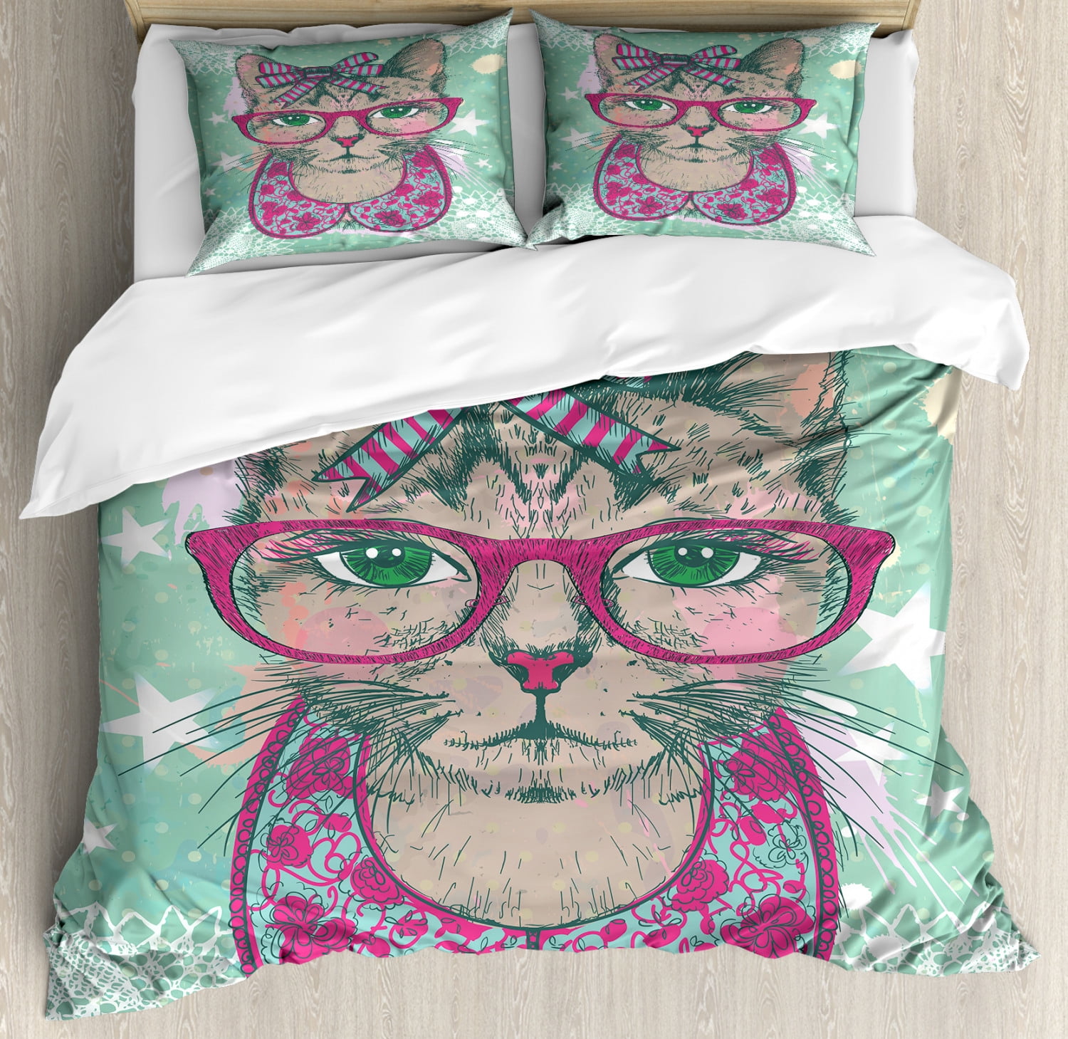 Cat King Size Duvet Cover Set, Fashion Cat in Hipster Glasses and Lace