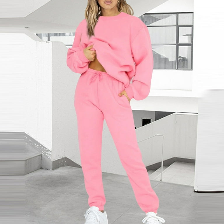 FITORON Women Tracksuit Set- Loose Comfy Activewear Suit Drop Shoulder  Pullover Crew Neck Solid Long Sleeve Leisure Tops Activewear Sets Pink XL