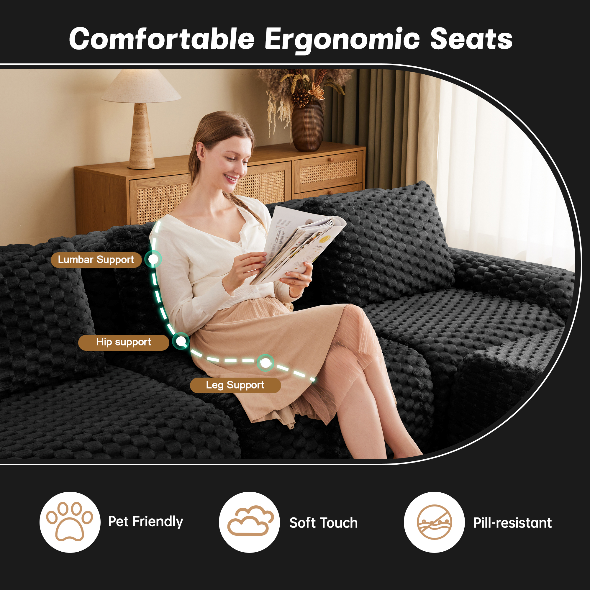Aukfa 146" U-Shaped Modular Cloud Sectional Sofa, Oversized Deep-Seat 6-Seater Couch with 2 Ottomans, Flannelette Upholstered Boneless Sofa, Black