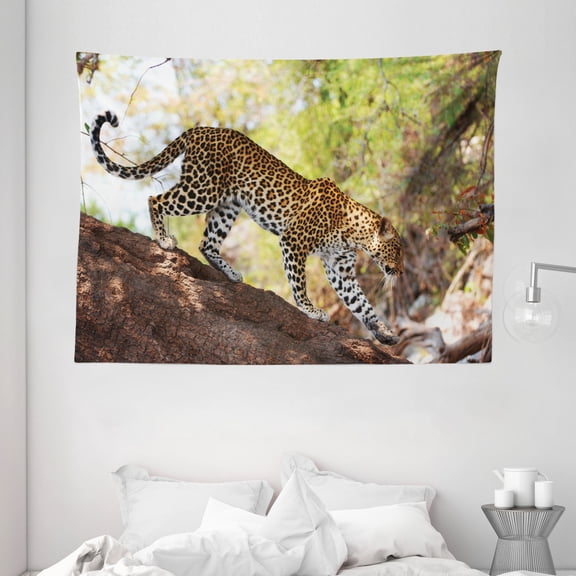 Zoo Tapestry, Leopard Panthera Pantus on Tree Nature Reserve Botswana Carnivore Animal, Wall Hanging for Bedroom Living Room Dorm Decor, 80W X 60L Inches, Green Light Brown White, by Ambesonne