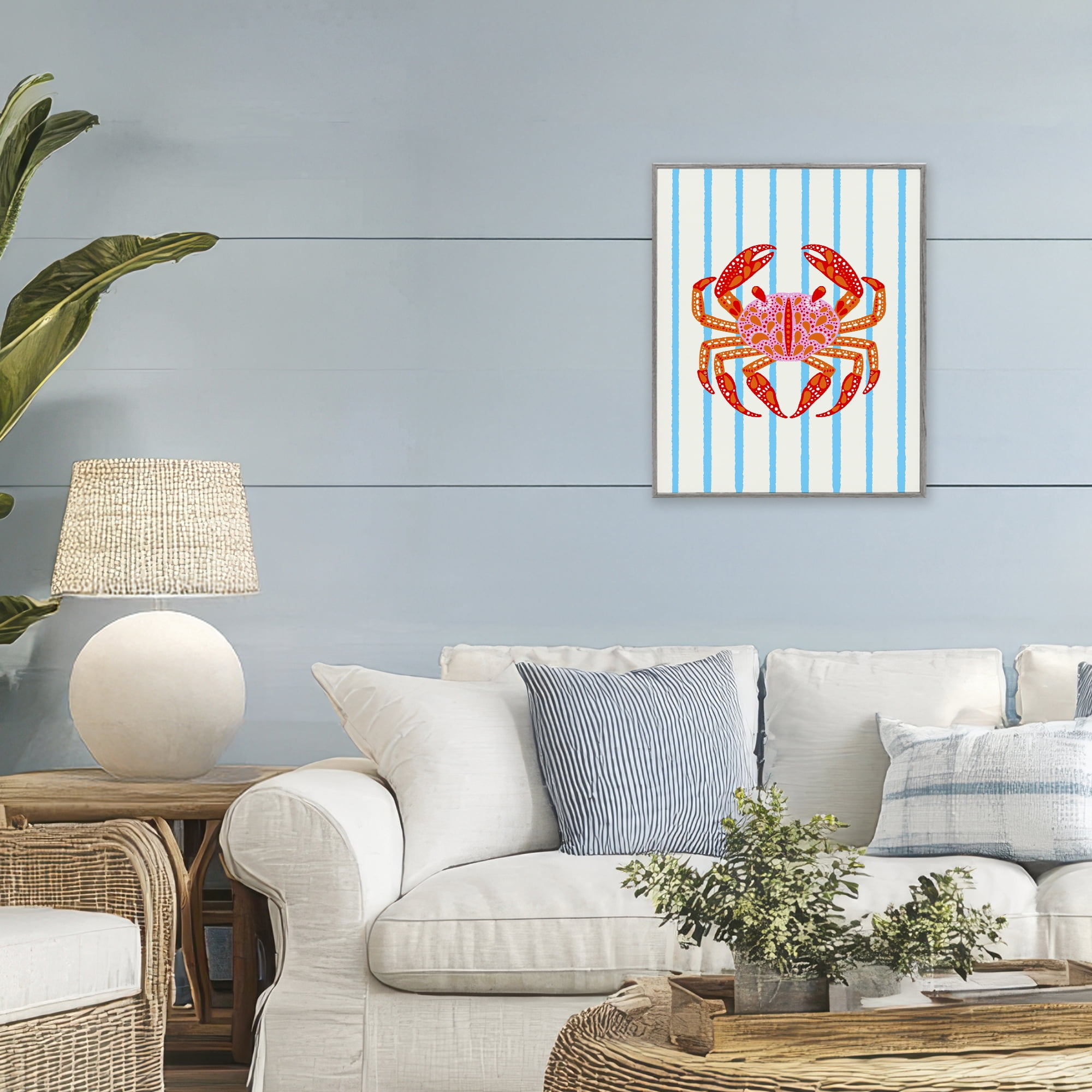 Stupell Industries Bright Crab on Stripes Gray Framed Giclee Art, design by Indira Prieto | IndySign