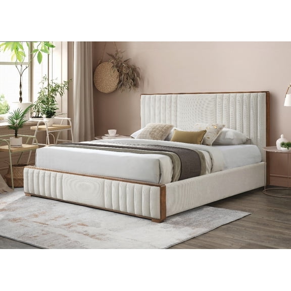The Kaleea Beige Chenille & Walnut Finish Queen Bed: Cozy Focal Point with Plush Upholstery