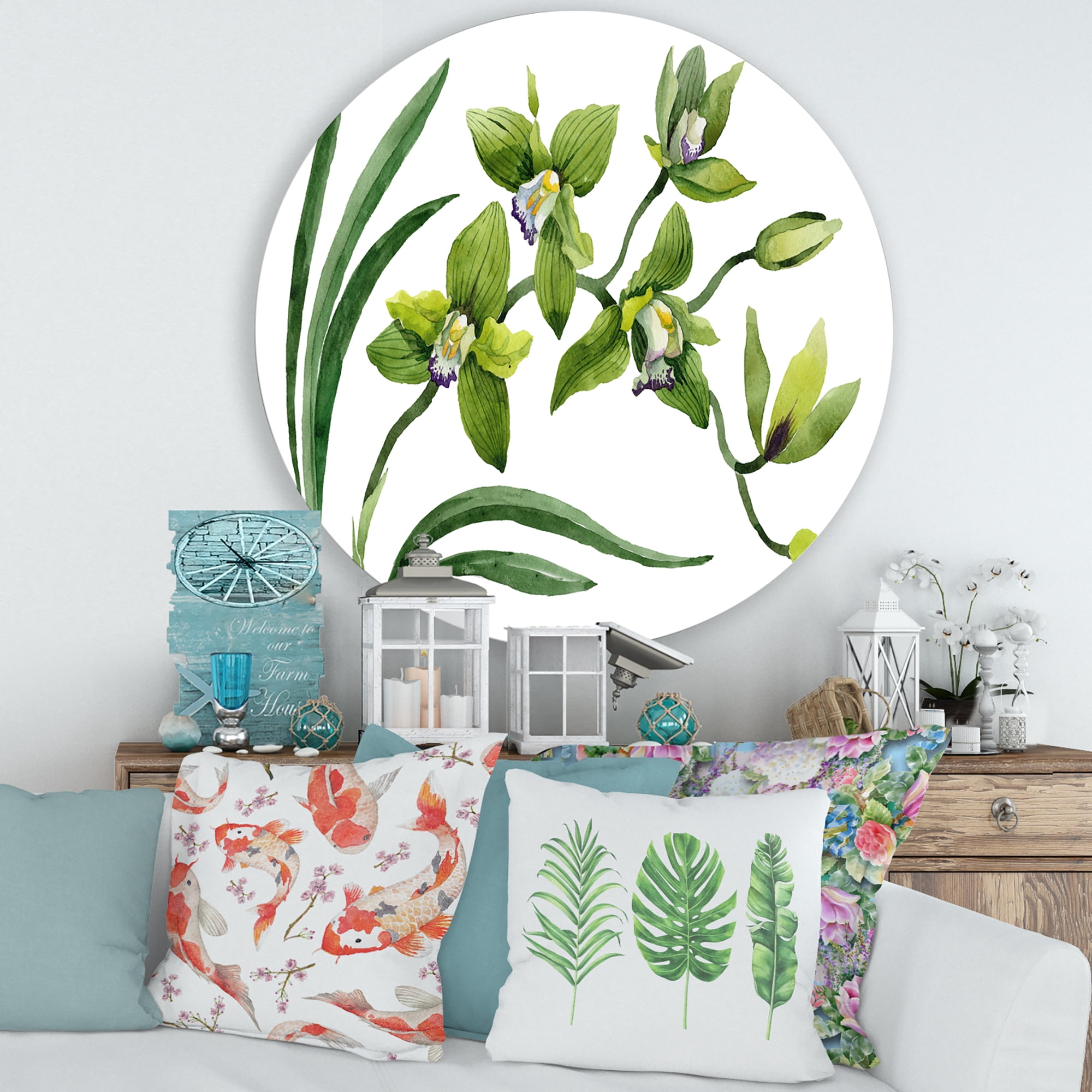 Designart 'Green Orchid Flowers On White' Traditional Circle Metal Wall Art 29x29 - Disc of 29