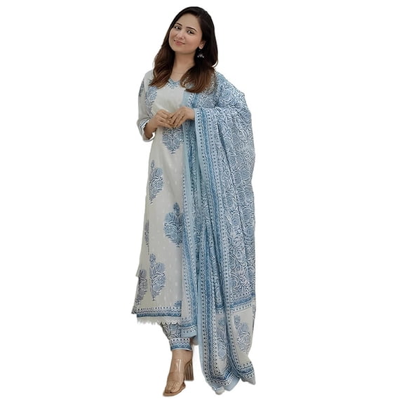 Nermosa Women Block Printed Kurta and Pant Set with Dupatta - Indian Ethnic Traditional Wear Kurta Set