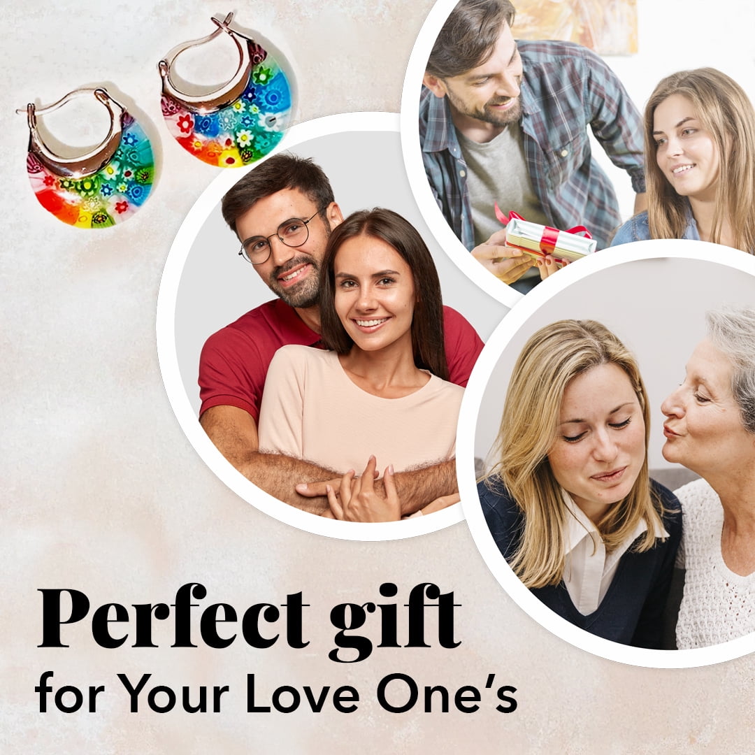 Murano Style Glass Hoop Earrings for Women Daisy Flower Stainless Steel Dangle Fun Vibrant Colorful Teacher Glass Jewelry Unique Anniversary 11.6 Gms Birthday Christmas Gifts