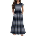 thumbnail image 2 of Summer Beach Dresses for Girls Size 6-12 Ruffle Short Sleeve Toddlers Kids Trendy Crewneck Stripe Printed Comfort Long Maxi Dress, 2 of 7