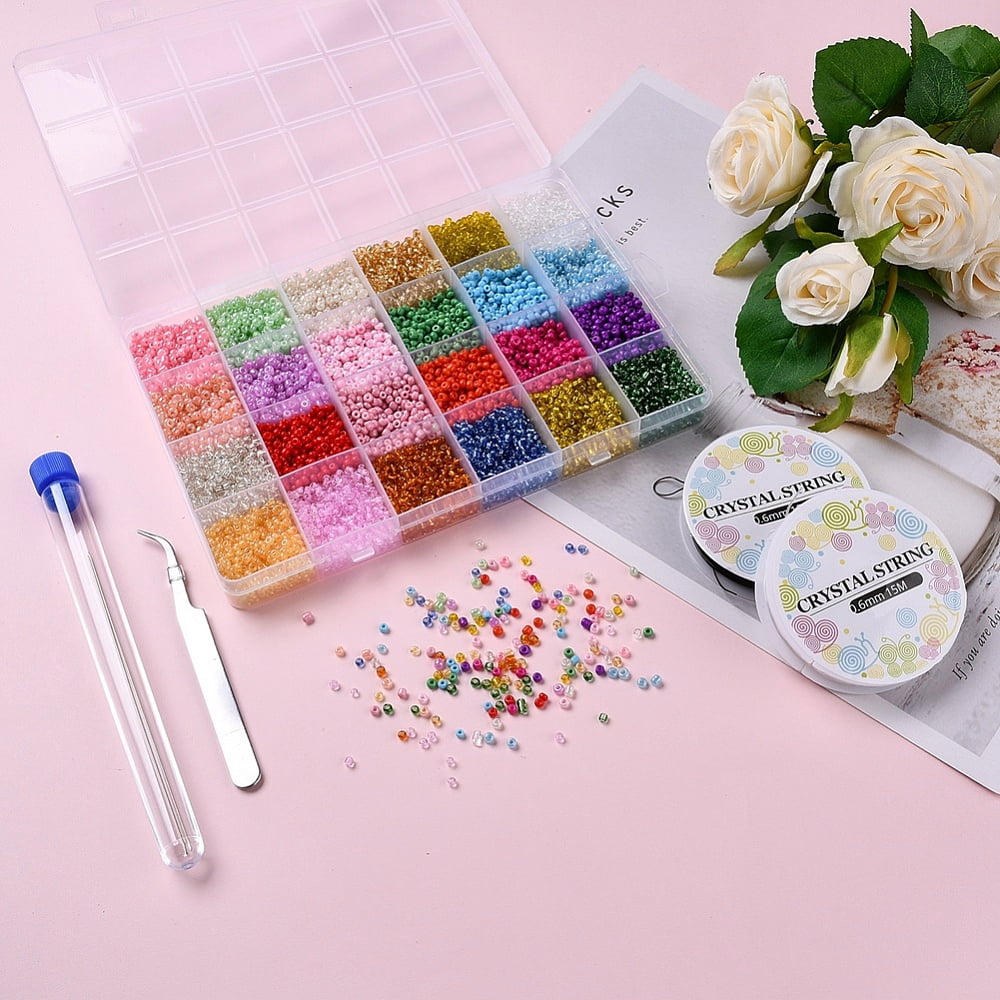 1 box DIY Jewelry Finding Kits 3mm Round Glass Seed Beads Including Tweezers Steel Needles Elastic Thread and Plastic Test Tube Mixed color Beads: 6000pcs/box