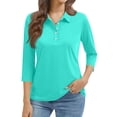 thumbnail image 2 of 3/4 Length Sleeve Womens Tops Solid Color Lapel Collar Lightweight Polo Shirts Casual Loose Business Work Blouses,Turquoise S, 2 of 6