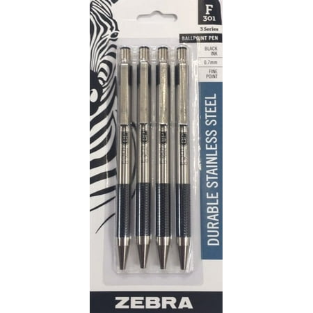 UPC: 0045888271142 | Zebra F-301 Retractable Ballpoint Black Pens  Stainless Steel  4 Count