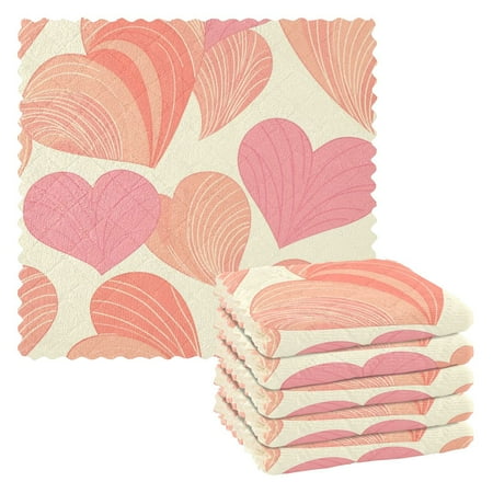 

6 Pieces Thickened Double Polyester Fleece Kitchen Towel - 28x28cm Strongly Absorb Water & Oil Stain Removal，Pink and Peach Hearts