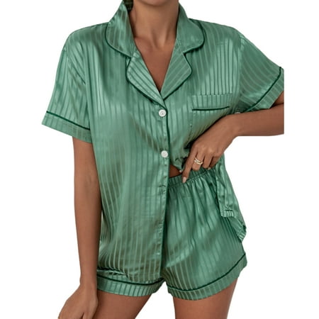 

Enjiwell Womens Satin Silk Pyjamas Sleepwear Short Sleeve Shirts Tops Nightwear Set