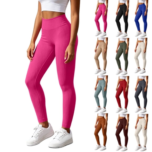 Gealkoca Yoga Ribbed Leggings for Women High Waisted Tummy Control Butt Lifting Workout Gym Athletic Pants Women's Casual Straight Leggings Pants