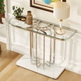 thumbnail image 6 of O&K FURNITURE 43" Modern Glass Console Table with Curved Chrome Frame & Faux Marble Base, Silver Narrow Sofa Table for Entryway, Living Room, Hallway, Home Office, 6 of 7