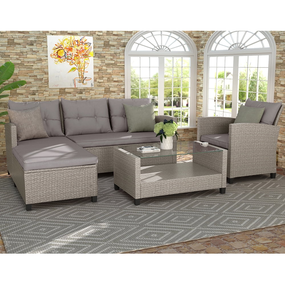 Patio Furniture Sets, 4-Piece Outdoor Sectional Sofa Set with Loveseat and Lounge Sofa, Armchair, Coffee Table, All-Weather Wicker Furniture Conversation Set for Backyard Garden, Q11972
