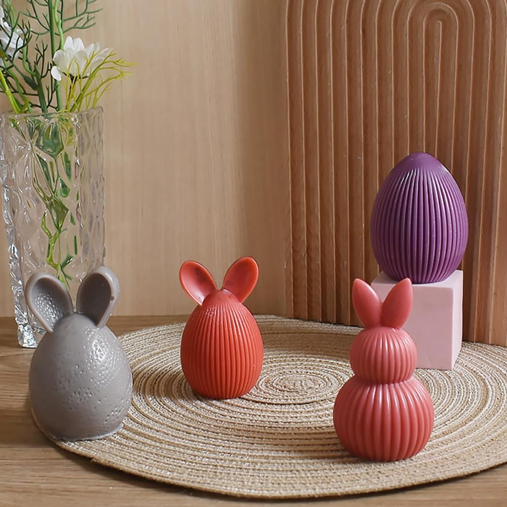 ABCISI 4pcs Easter Eggs Bunny Silicone Molds, Easter Decor Candle Molds for Candle Making Supplies, Rabbit Ears Egg Silicone Mold for DIY Candles Resin Plaster Art Crafts, Spring Decorations for Home