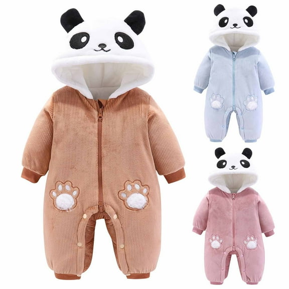 Newborn Baby Fleece Panda Romper One Piece Footies Jumpsuit Bear Hoodies Jumpsuit Infant Long Sleeve Warm Jumpsuit Outfits Coffee 0-3 Months