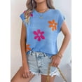 thumbnail image 5 of Women'S Cap Sleeve Floral Short Sleeve Sweater Crew Neck Casual Knit Pullover Tops Blue M, 5 of 10