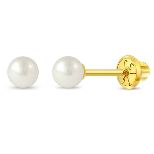 Or Jaune 14k Perle Blanche d'Eau Douce de Culture à Vis pour Filles