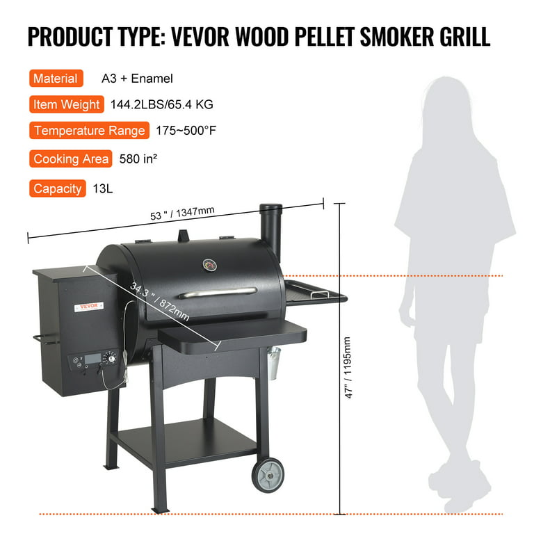 Pellet Smoker 740 sq. in. Portable Wood Pellet Grill with Cart 8-In-1 BBQ  Grill, Black