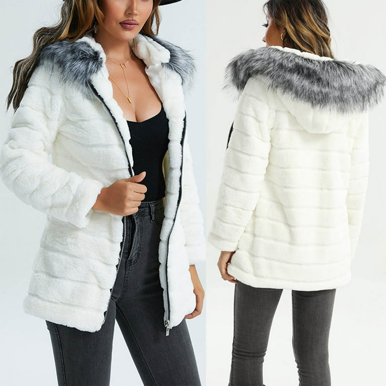Snowy White Fur Trim Mini Dress Winter Streetwear Bodycon Long Sleeve  Hooded