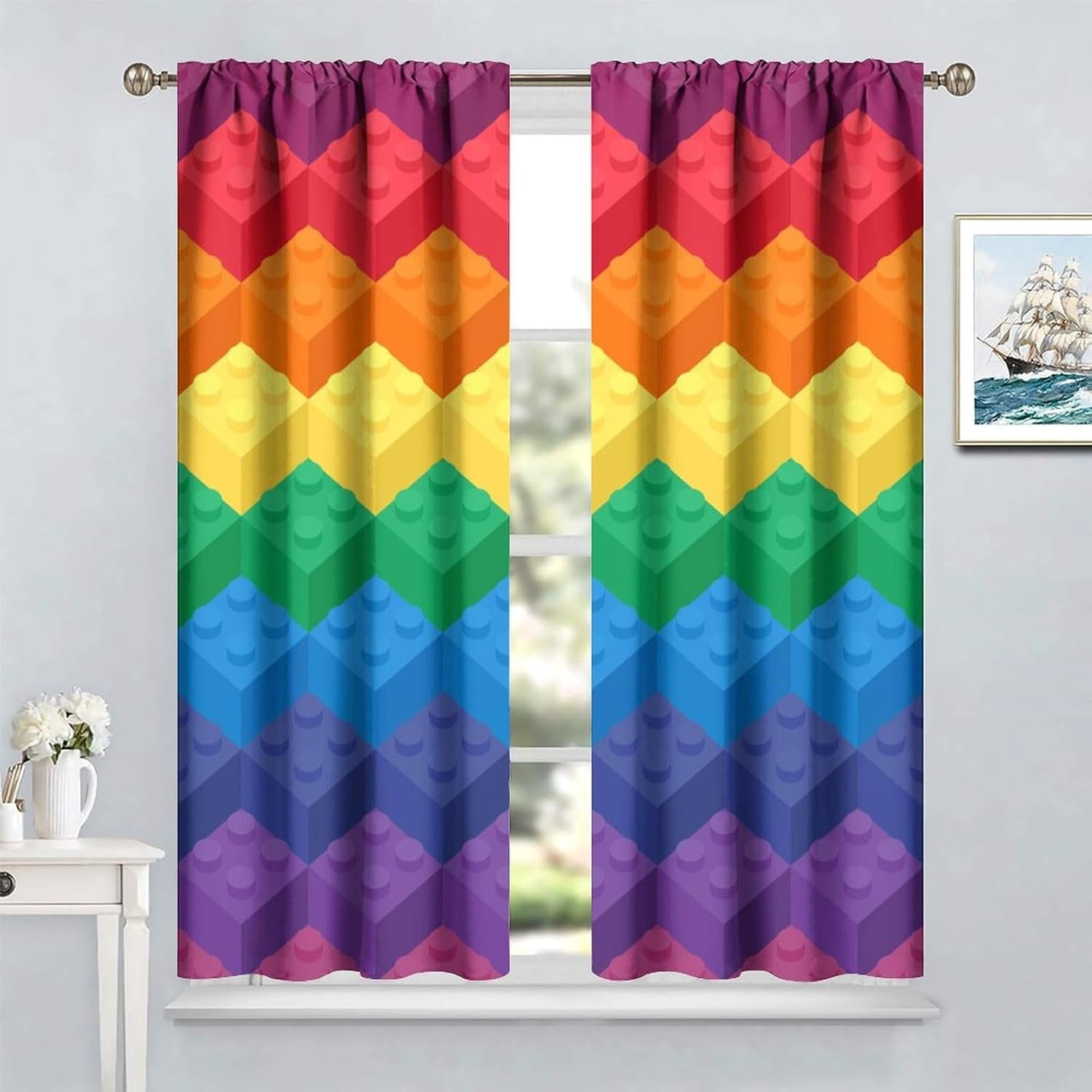 Kids Building Blocks Toy Curtains, Color Constructor Geometric Blocks Abstract Contour Colorful Plastic Brick Print Window Treatments Drapes for Bedroom Living Room 84x84in