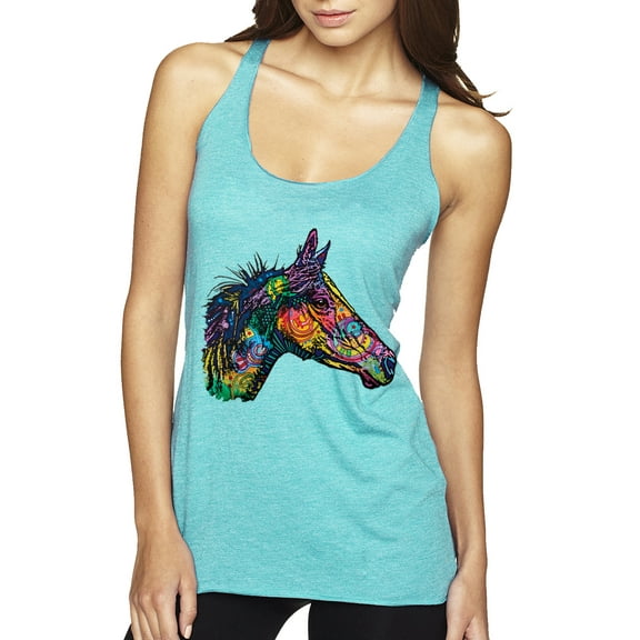 Colorful Neon Horse | Dean Russo Art Animal Lover Tri-Blend Racerback Tank Top, Tahiti Blue, Medium