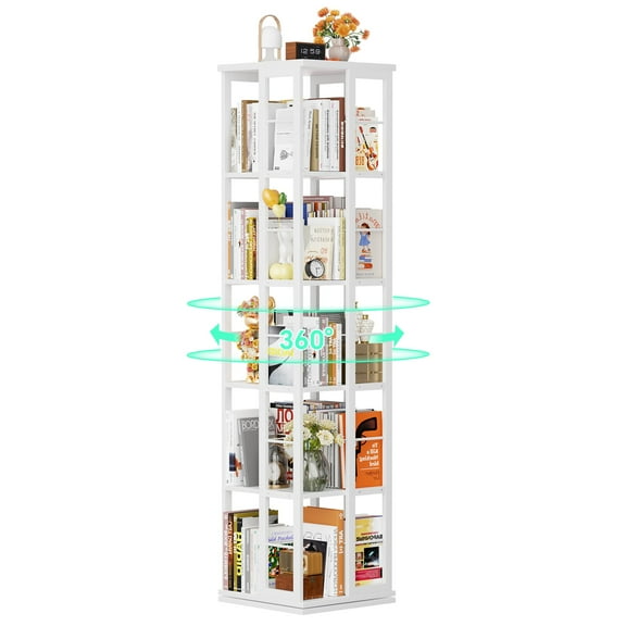 Homieasy Rotating Bookshelf, 360 Display Wood Spinning Bookshelves, 5 Tier Floorstanding Narrow Bookcase, Corner Bookshelf for Small Space, White