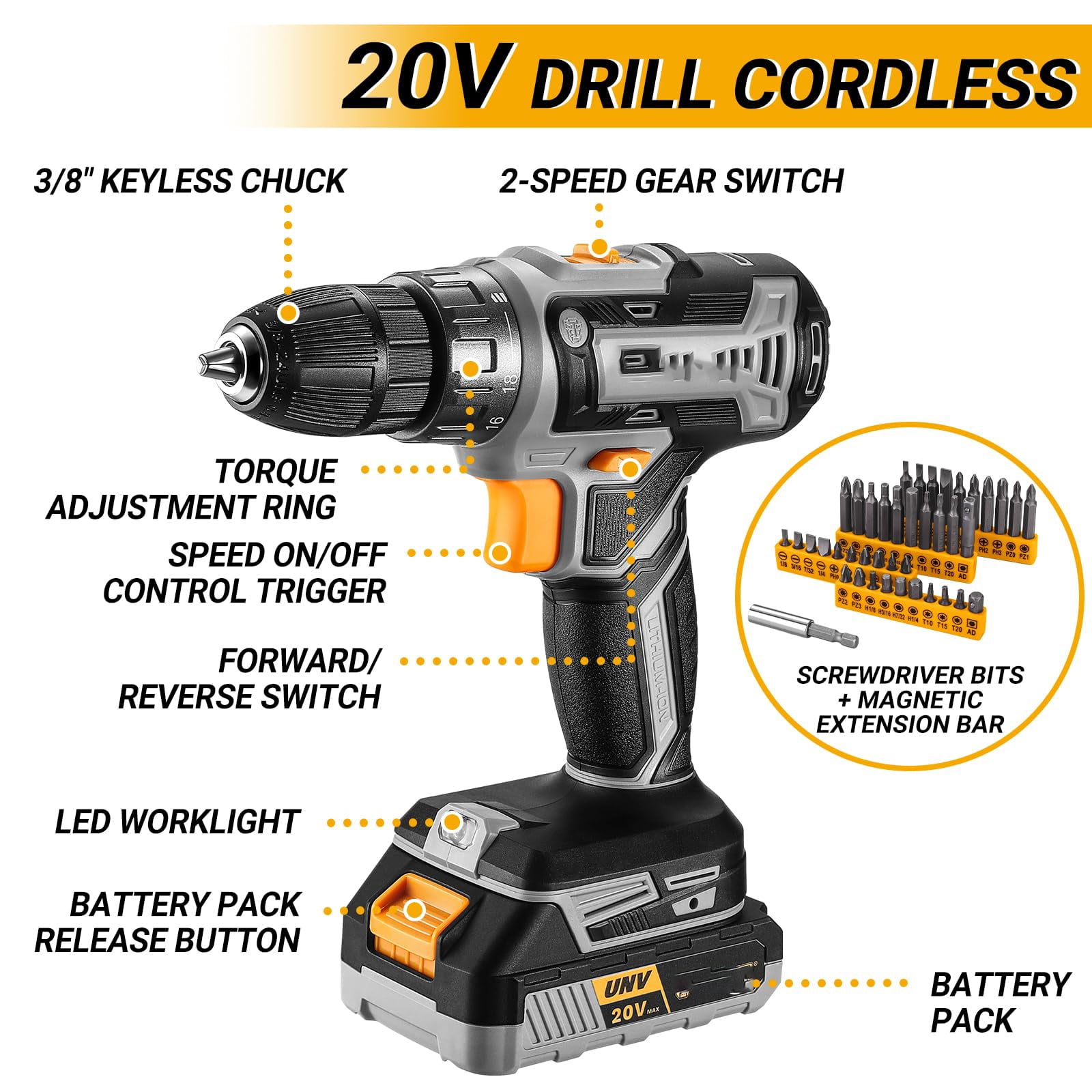 21V Cordless Drill Set, Impact Power Drill With 3/8 Inch Keyless Chuck, 18+3 Clutch Electric Drill With Work Light, Max Torque 45Nm, 2-Variable Speed & 2.0AH Batteries And Fast Charger