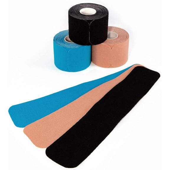 Kinesiology Tapes | PRECUT 10 x 2 inches Mix | Sports, Fitness, Tennis Elbows, Knees | Easy Application, Skin-Friendly, Breathable | 60-Pack | Blue, Black, Skin Color