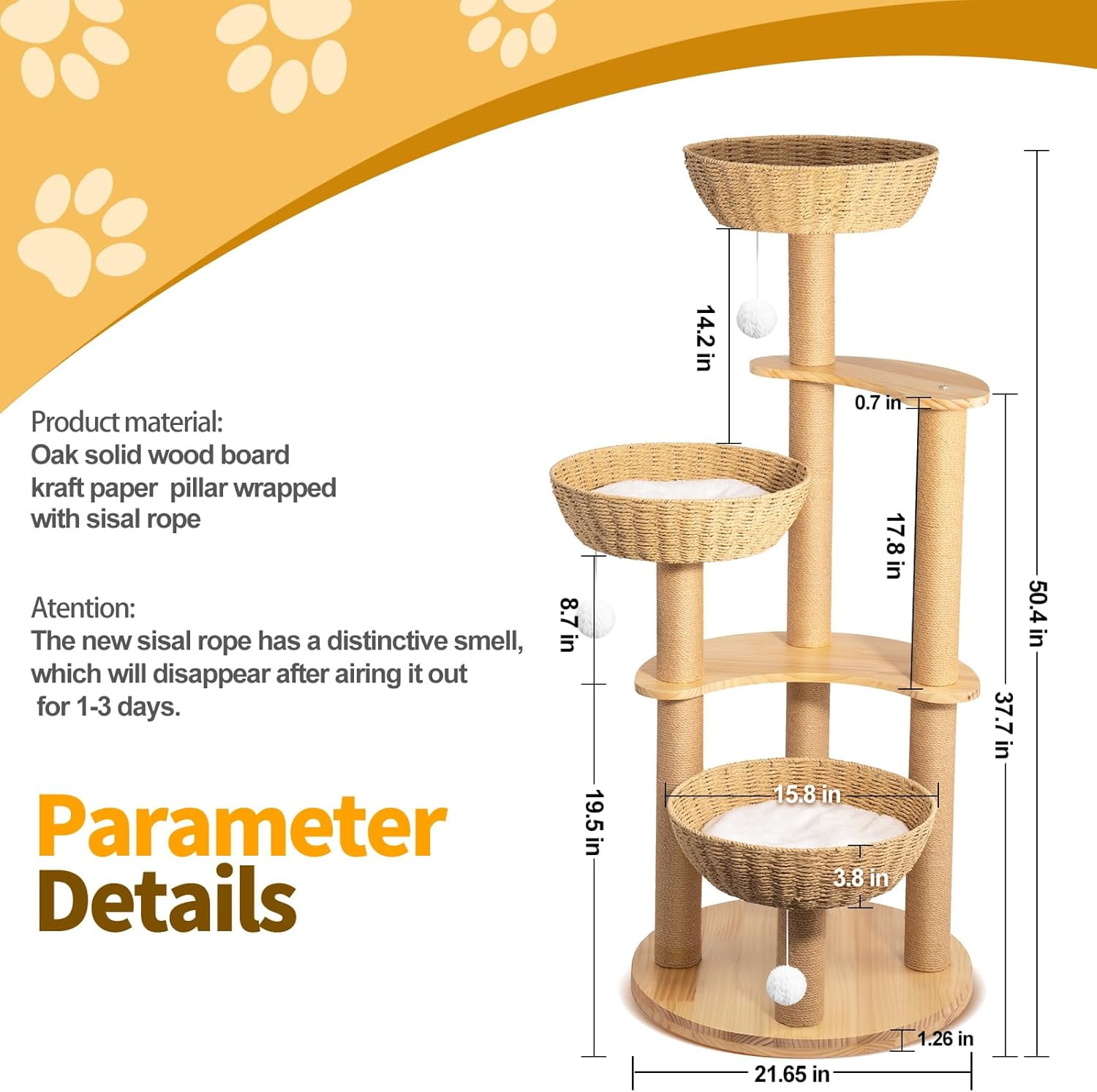 SHZOND Multi-Level Cat Tree Tower, 52" Oak Wood Cat Tree for Large Cats with 3 Weaving Cat Nests, Morden Cat Condo with 8 Scratching Posts for Indoor Cats, Cats Furniture Activity Center