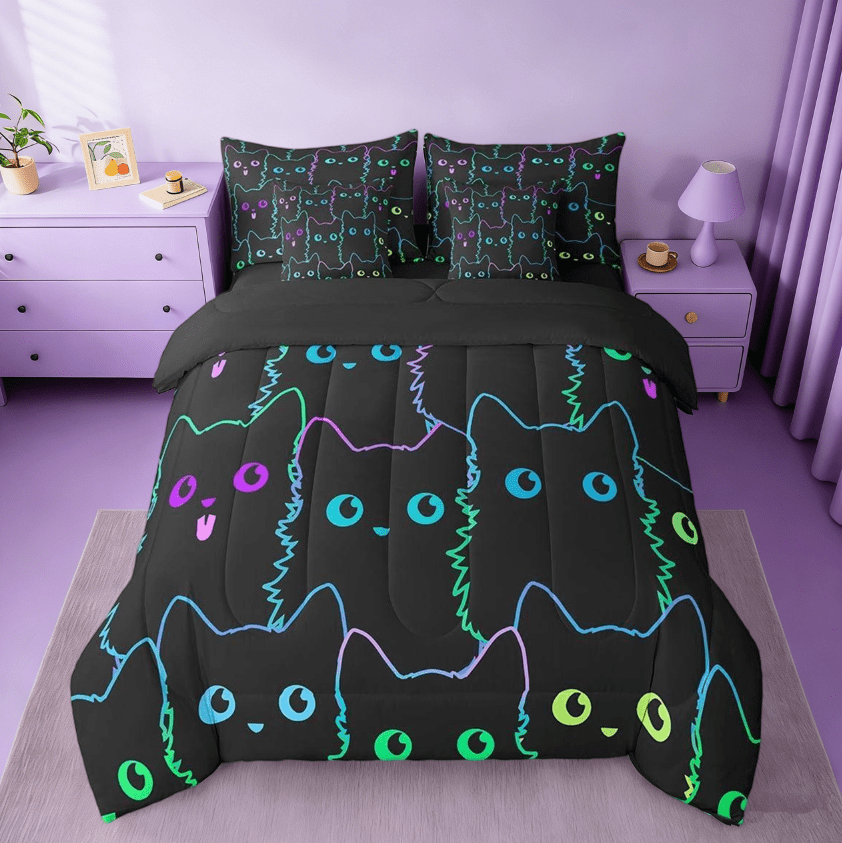 Manfei Cute Cat 7pcs Bedding Comforter Set,Cute Kitten Animal Colorful Queen Bedding Sets For Kawaii Cat Lover Reversible