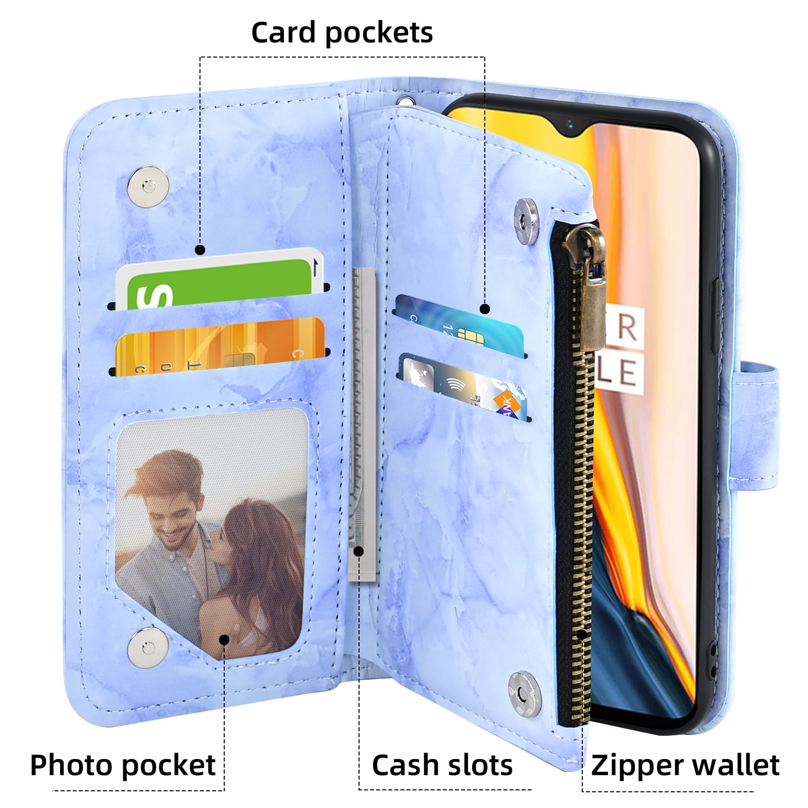 Asuwish Compatible with Tracfone BLU View 4 B135DL Wallet Phone Case and Tempered Glass Screen Protector Marble Faux Leather Flip Credit Card Holder Cell Cover for BLUE View 2 2023 View4 135DL Blue