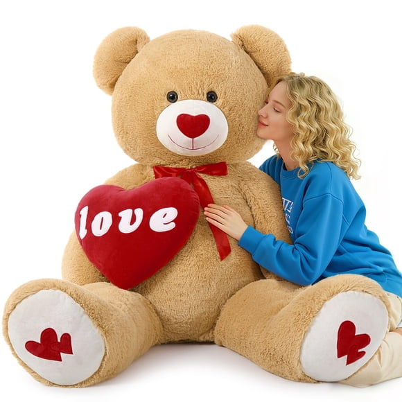 MorisMos Love Heart Giant Teddy Bear 4.3ft, I Love You Large Bear for Girlfriend, Soft Valentine Stuffed Animals Plush Gift for Boyfriend, Brown, 51I