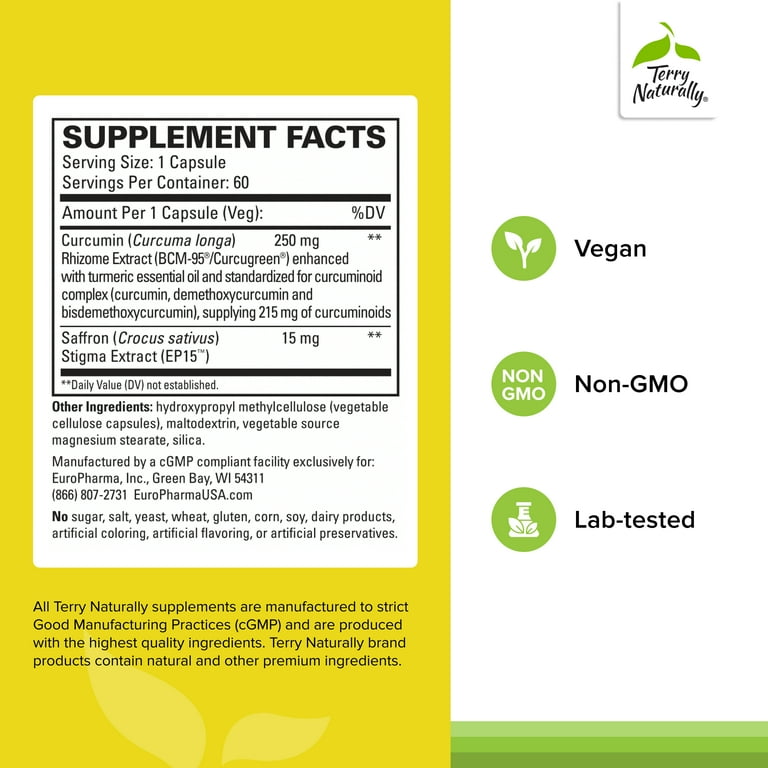 Terry Naturally Saffron Lift Plus Curcumin - 60 Vegan Capsules - Positive  Mood & Emotional Balance S - Walmart.com