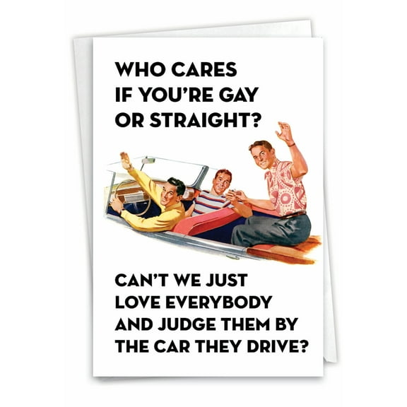 Funny Birthday Greeting Card with 5 x 7 Inch Envelope (1 Card) Bday Gay or Straight - Handsome Young Men in Convertible Car