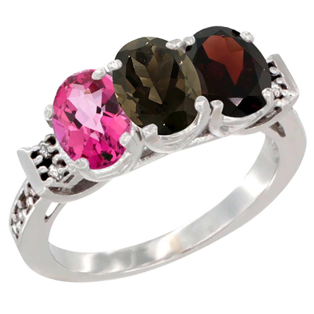 14K White Gold Natural Pink Topaz, Smoky Topaz & Garnet Ring 3-Stone 7x5 mm Oval Diamond Accent, sizes 5 10 by WorldJewels