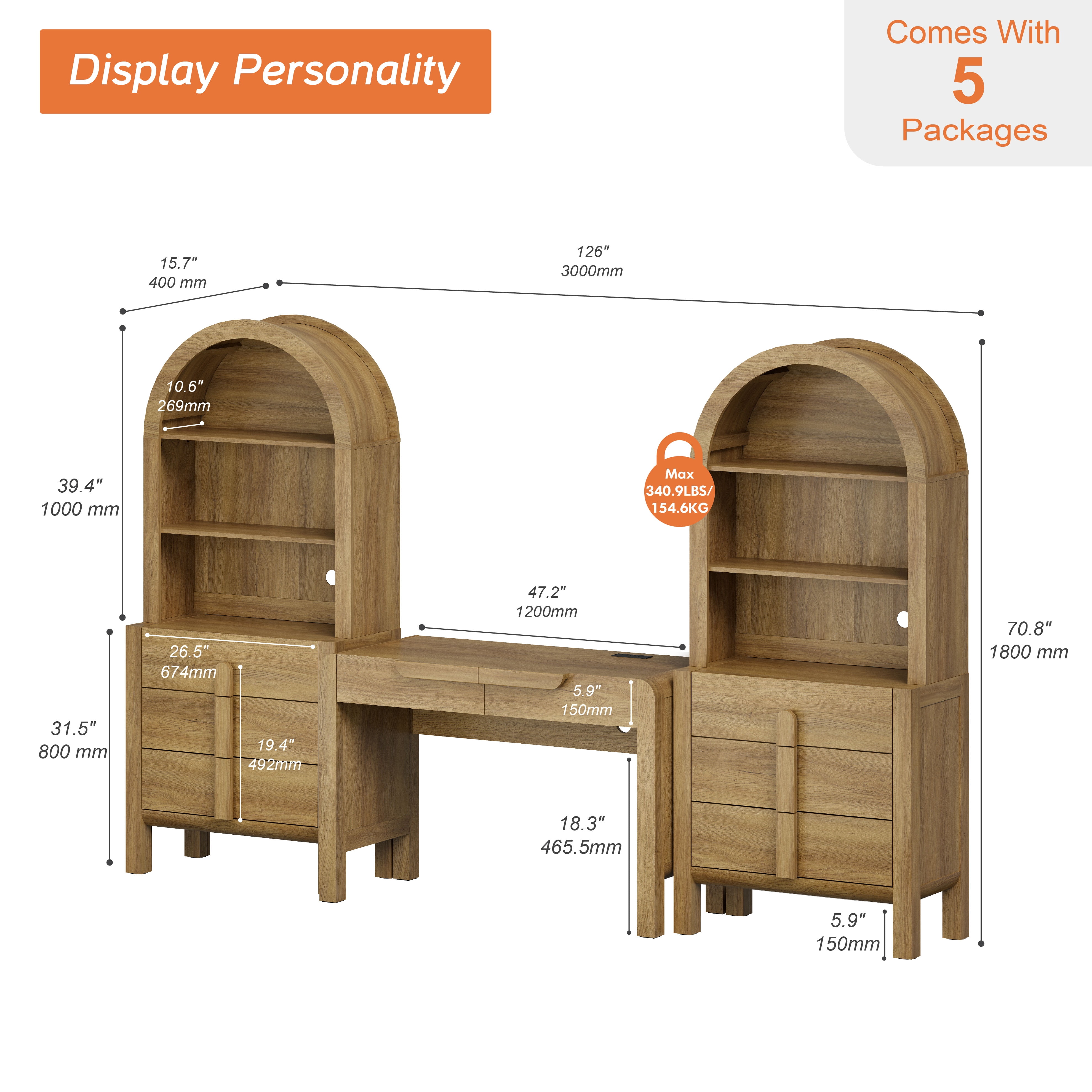 Home Office Set, 47" Modern Executive Desk with Charging Station and Drawers & 2 Piece 71"H Tall 3-Tier Arched Bookcases with Open Storage for Living Room, Bedroom, Home Office