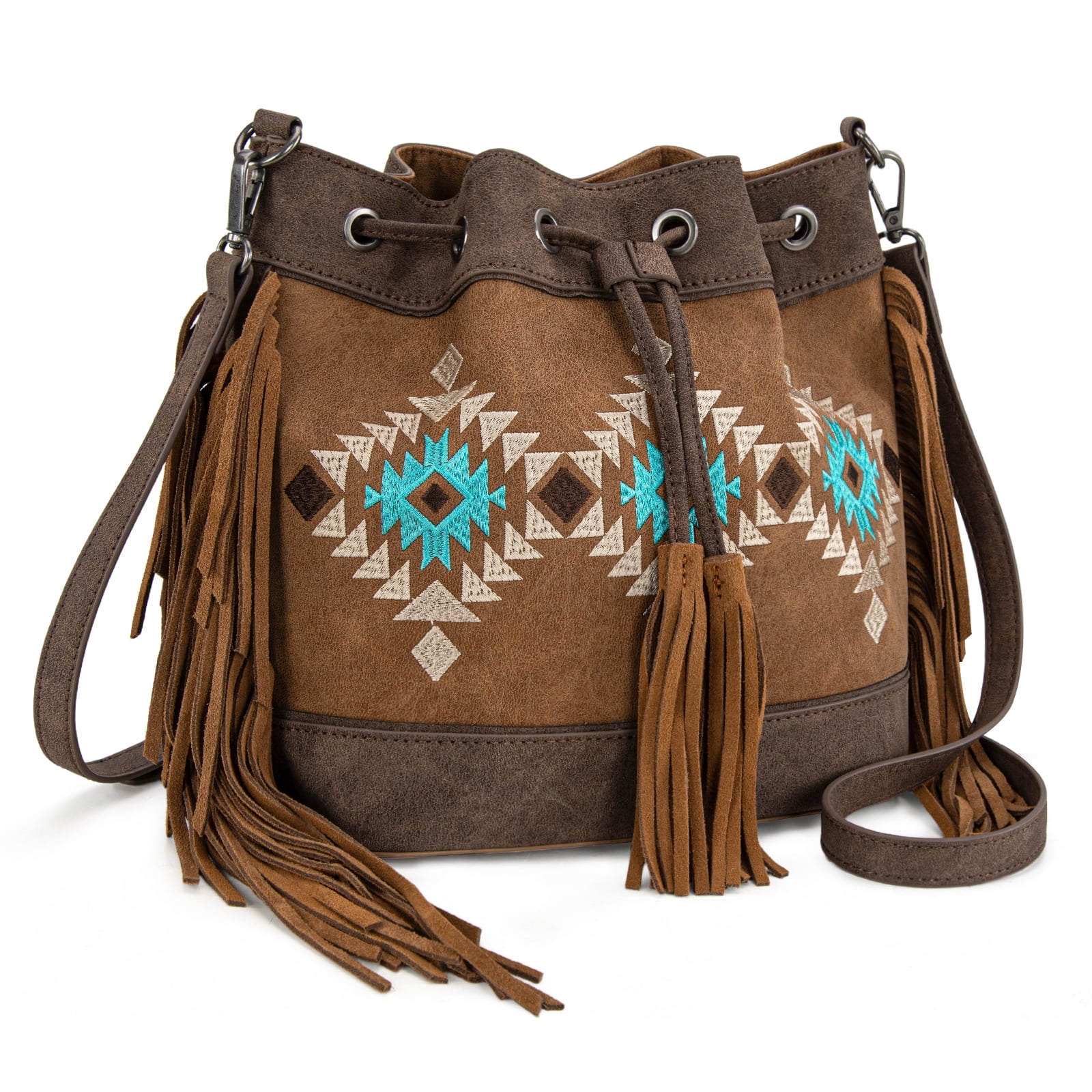 Montana West Aztec Bucket Bags for Women Western Fringe Crossbody Bag Vintage Drawstring, Coffee