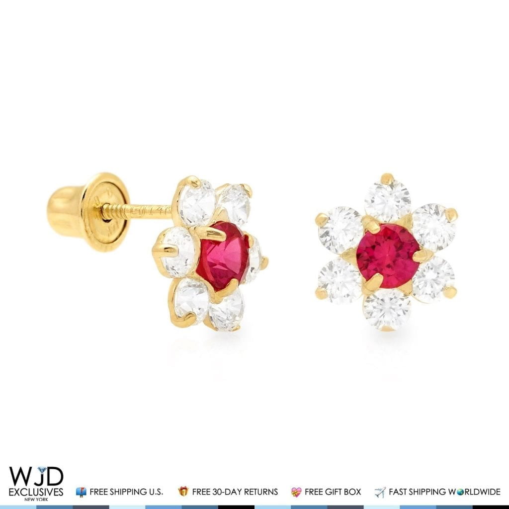14k Solid Yellow Gold 4mm Round Simulated Ruby Screw Back Stud Earrings .50Ct