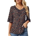 thumbnail image 1 of Women Ruffle Trim Half Sleeve Top V Neck Casual Loose Fit Elegant Dressy Summer T Shirt Black Floral Print S, 1 of 2