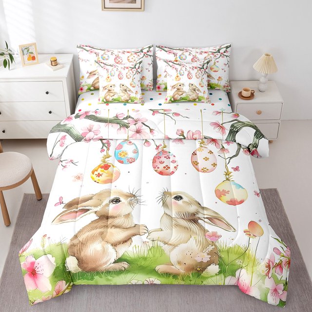 Erosebridal Easter Rabbit Bedding Sets Twin Size,Floral Eggs Comforter Sets with Sheets,Animal Bedroom Decor,Reversible,7pcs