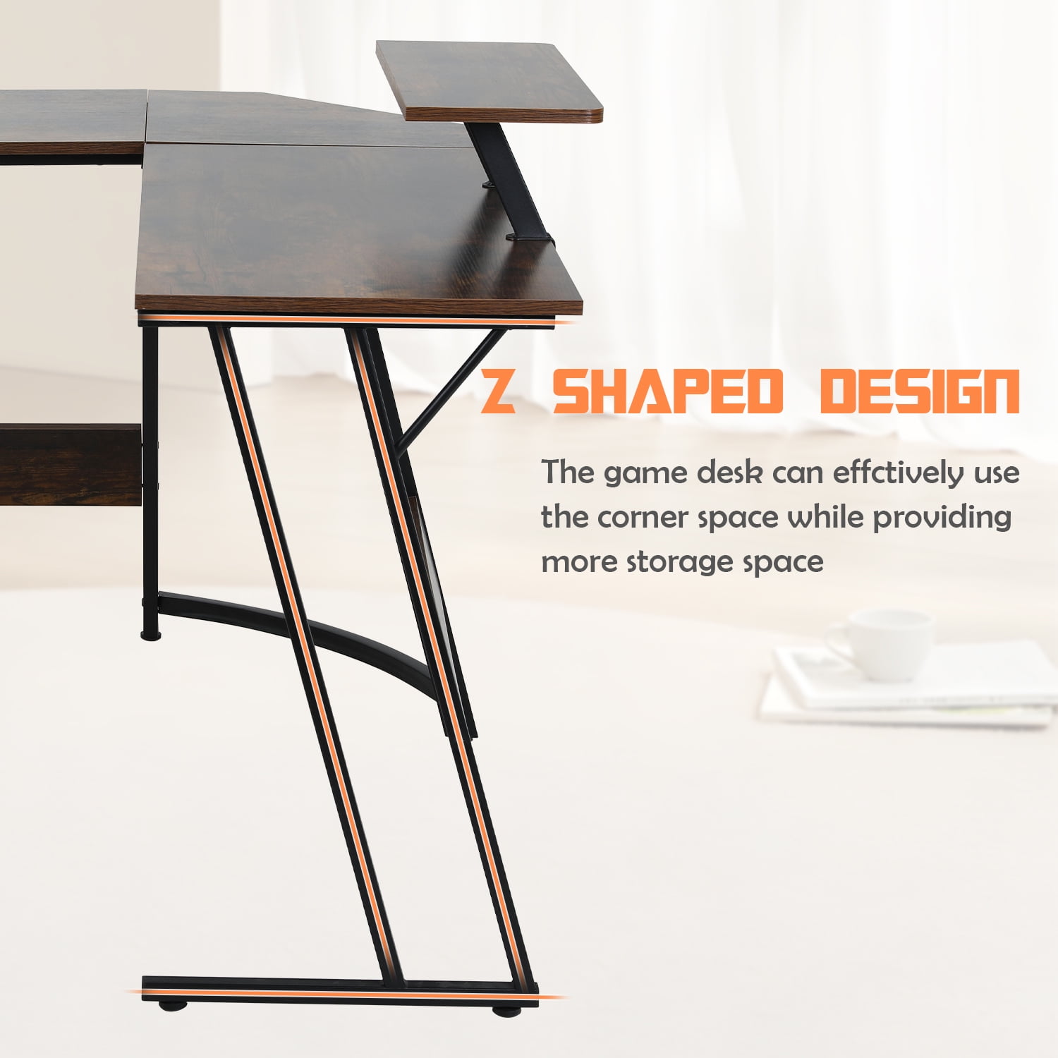 CL.HPAHKL L Shaped Desk Corner Gaming Desk Table with Large Monitor Riser Stand Computer Desk with Large Desktop Studying and Working and Gaming for Home and Work Place（ Brown 51 Inch）